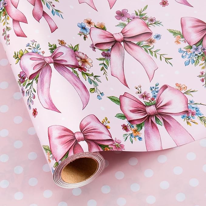 Burymento Pink Bow Flower Wrapping Paper, Reversible Wave Point Gift Wrap for Birthday, Valentines, Mothers day, Graduation, Wedding, Fathers day, Baby Shower, Christmas (17in x 16.4ft)
