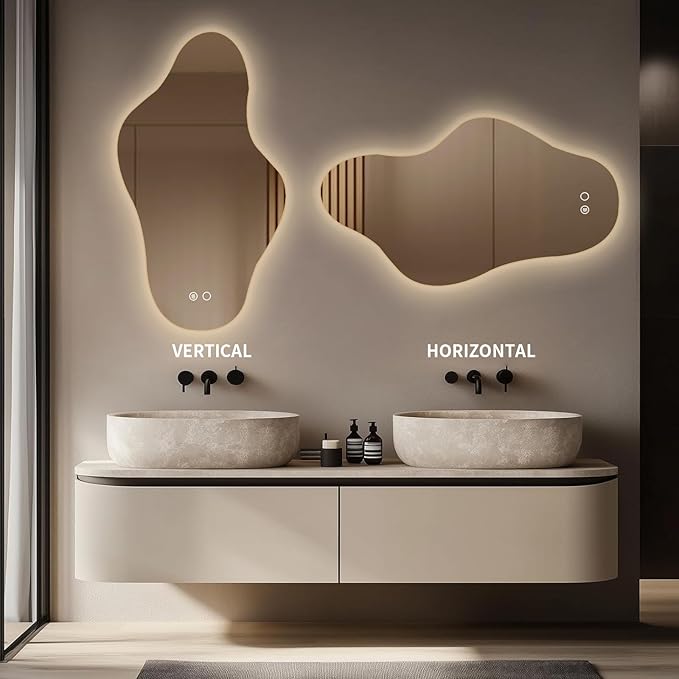55″x31.5″ Modern Irregular LED Bathroom Mirror with Lights, Asymmetrical Frameless Smart Lighted Wall Mirror for Living Room Entryway, Large Decorative Makeup Vanity Mirror with Touch Switch