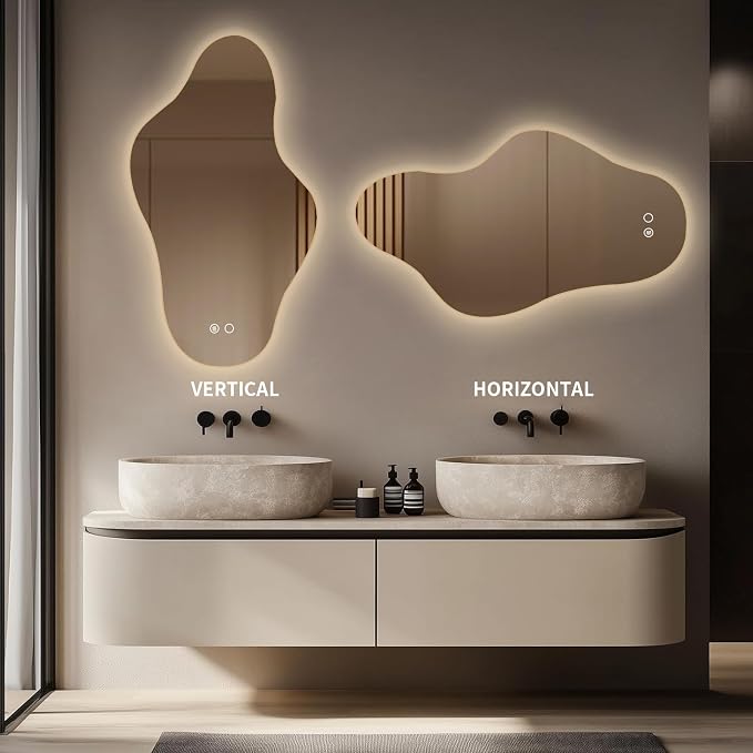 Modern Irregular LED Bathroom Mirror with Lights, Asymmetrical Frameless Smart Lighted Wall Mirror for Living Room Entryway, Large Decorative Makeup Vanity Mirror with Touch Switch(29.2″x51.2″)