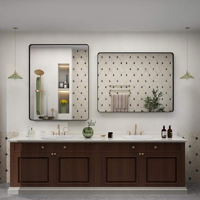 48x30 Inch Black Framed Mirror for Wall, Matte Black Bathroom Rectangle Mirror, Rounded Corner, Anti-Rust, Shatterproof (Horizontal/Vertical)