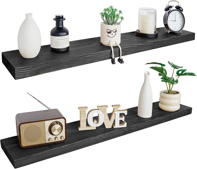 BGMG Wood Floating Shelves 48 Inch, Set of 2, Wide Rustic Wooden Wall Shelves for Bathroom Living Room Bedroom Kitchen Farmhouse - 48x 6.7 x1.25 Inch - Black