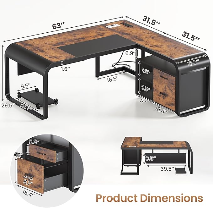 SEDETA 63 Inch Executive Desk, Large Office Desk with File Drawer, L Shaped Desk with Drawers, Computer Desk with Mobile CPU Stand, Storage Shelves, Power Outlets for Home Office, Rustic Brown