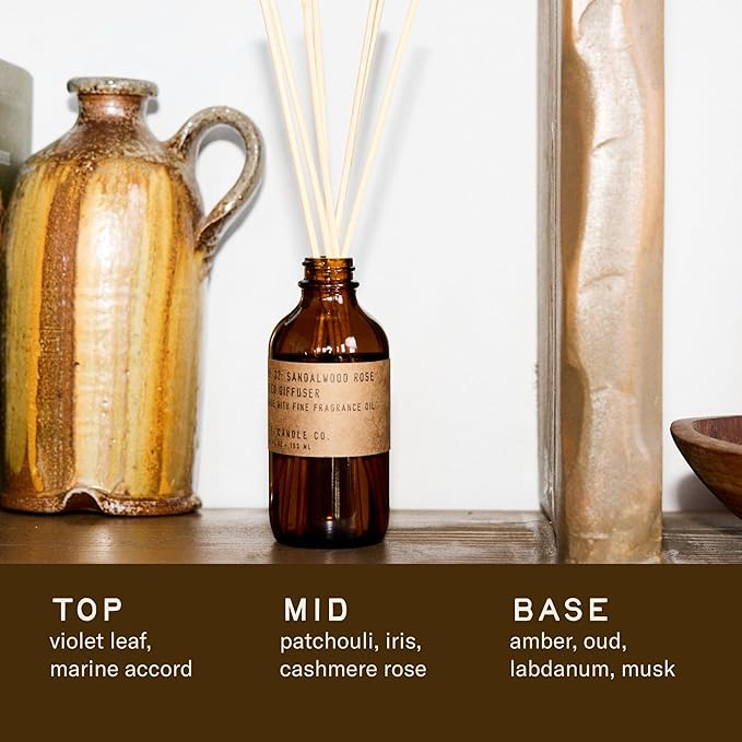 P.F. Candle Co. Classic Scented Rattan Reed Diffuser (3.5 fl oz) Amber Glass Jar, Fine Fragrance Oil, Low Maintenance Scent Throw (Sandalwood Rose, 3.5 fl oz)
