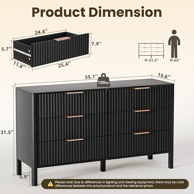 55" Wide Fluted 6 Drawer Dresser for Bedroom, Wooden Dresser Modern Chest of Drawers TV Stand Dressers with Organizer Storage for Bedroom, Living Room, Entryway, Hallway, Black