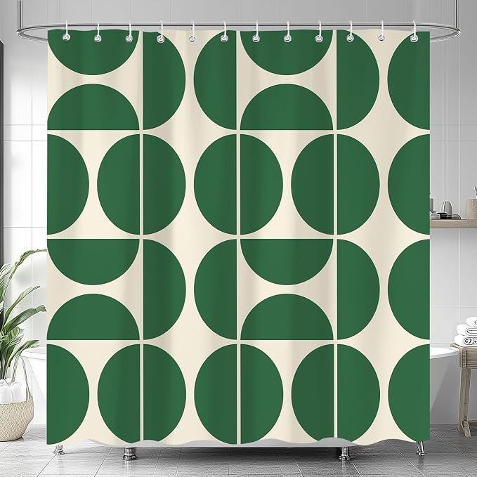 Green Mid Century Modern Shower Curtain, Boho Abstract Geometric Retro Art Bath Curtains for Bathroom, Colorful Unique Pattern Waterproof Polyester Fabric Bathroom Set 12 Hooks 72X84IN