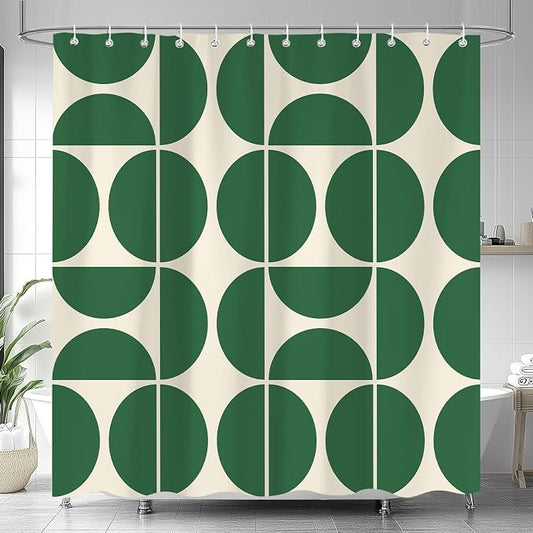 Green Mid Century Modern Shower Curtain, Boho Abstract Geometric Retro Art Bath Curtains for Bathroom, Colorful Unique Pattern Waterproof Polyester Fabric Bathroom Set 12 Hooks 72X78IN