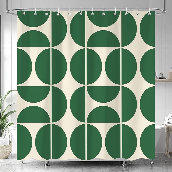 Green Mid Century Modern Shower Curtain, Boho Abstract Geometric Retro Art Bath Curtains for Bathroom, Colorful Unique Pattern Waterproof Polyester Fabric Bathroom Set 12 Hooks 72X72IN