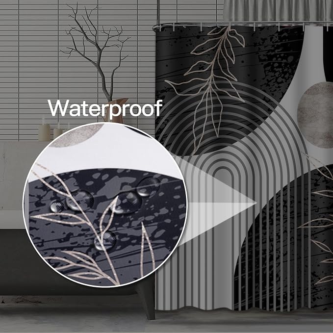 Emvency Shower Curtain Boho Palm Leaves Bohemian Mid Century Botanical Sun Modern Aesthetic Arch Curve Black Bathroom Home Decor Waterproof Polyester Fabric 72 x 72 inches Set with Hooks