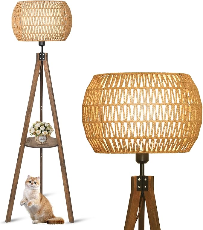 LAMSU Boho Tripod Floor Lamps for Living Room, Wood Floor Lamp with Shelf, Mid Century Modern Standing Lamp with Rattan Shades, Foot Switch, Rustic Farmhouse Tall Lamps for Bedroom Office, Brown
