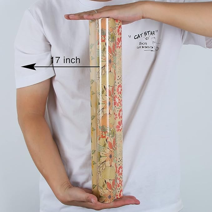 Aimyoo Kraft Floral Wrapping Paper Bundle, Vintage Spring Flowers Rose Gift Wrap Paper for Wedding Bridal Shower Birthday, 3 Rolls 17 in x 12 ft per Roll
