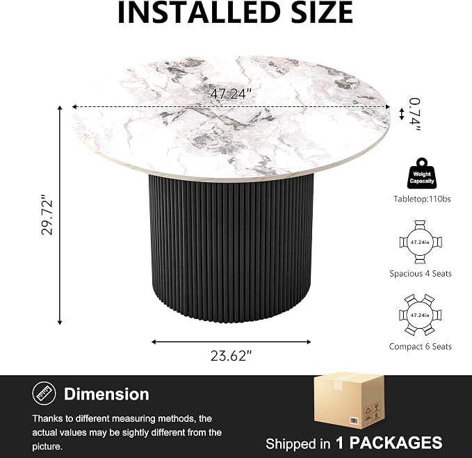 Homedot Modern Round Pedestal Dining Table for 4-6, 47" Kitchen Table with White Marble Grain Tabletop Engineered Wood Base, Classic Dinner Table Fluted Easy Assemble for Living Room Dining Room