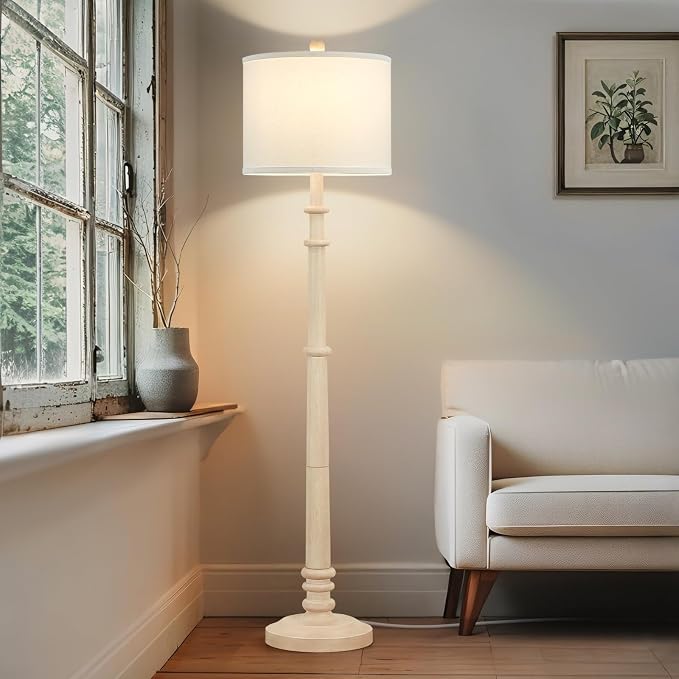 Floor Lamps for Living Room - 60" Resin Farmhouse Floor Lamp with Adjustable Color Temperatures - Vintage Standing Lamp Reading Light with Linen Shade Rustic Tall Lamp for Bedroom Office, Oatmeal Wash