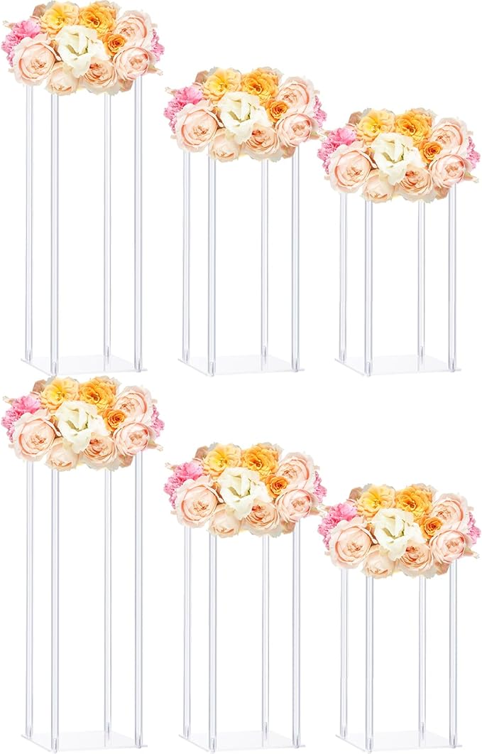 Yerliker 6 Pcs Wedding Flower Stand Acrylic Vase 23.6 Inches and 15.75 Inches Tall Clear Column Pillar Flower Stand Tabletop Display Rack for Wedding Centerpieces Birthday Party Decorations