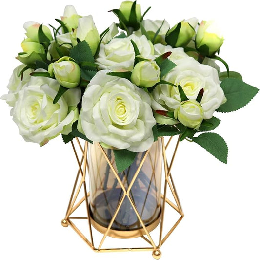 Faux Flowers with Vase, Silk Roses Bouquet Artificial Flowers in Vase, Fake Flowers Floral Arrangement for Home Decor Indoor, Table Centerpieces Flowers Decoration for Farmhouse (White)