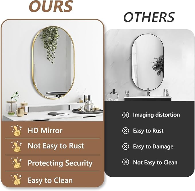 Gold Oval Mirror, 22"x30" Oval Bathroom Mirror, Vanity Mirror with Brushed Metal Frame, Wall Mount Mirrors Decor for Bathroom, Bedroom, Entryway, Living Room(Hangs Horizontally or Vertically)