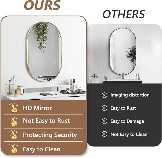 Gold Oval Mirror, 24"x36" Oval Bathroom Mirror, Vanity Mirror with Brushed Metal Frame, Wall Mount Mirrors Decor for Bathroom, Bedroom, Entryway, Living Room(Hangs Horizontally or Vertically)