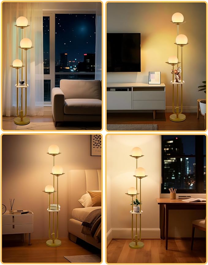 Lightdot 3-Light Globe Floor Lamp with Shelf Modern Dimmable Floor Lamps for Wedding/Party, 3000K Warm White Bulbs Included, Gold Tall Standing Lamp for Living Room/Bedroom/Sofa Beside/Corner Decor