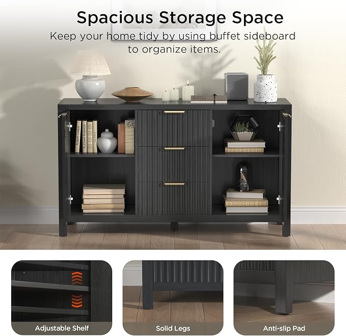 47.2" Fluted Sideboard Buffet Cabinet, Modern Black Credenza with 2 Drawers & 2 Doors, 3-Level Adjustable Shelves, Waterproof Top, Gold Handles, Kitchen Entryway Living Room Storage (Glossy Black)