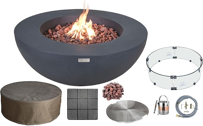 Elementi | Bundle Lunar Gas Fire Pit Cast Concrete 42" Round Fire Table, Outdoor Fire Pit Electronic Ignition | Canvas Cover, Lava Rock Included | Dark Gray (Natural Gas)