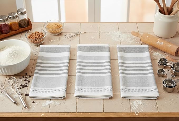 Serafina Home Grey White Kitchen Hand Dish Towels: Oversized 28" x 16",100% Cotton Cloth Soft Cleaning Drying Absorbent Striped Design, Set of 3 Multipurpose for Everyday Use (Grey Monica)