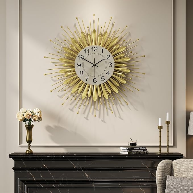 Cuspin 24 Inch Gold Wall Clock, Large Mid Century Modern Clock Sunburst Decorative Design, Silent Non Ticking Battery Operated Metal Wall Clock for Living Room, Bedroom, Kitchen, Office