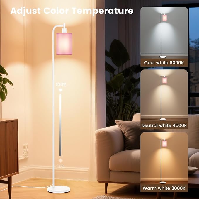 SIBRILLE Floor Lamp with Linen Shade, Dimmable Tall Standing Lamp with Remote Control & 3 Color Temperatures, Modern Floor Lamps for Living Room Bedroom Office Corner, 9W LED Bulb Included