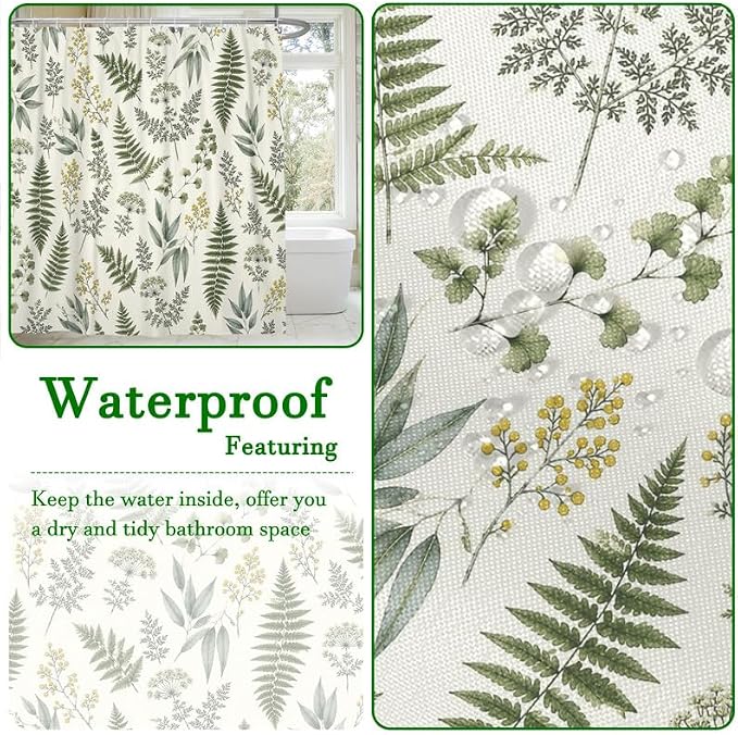 Fern Leaf Vintage Sage Green Shower Curtain Eucalyptus Farmhouse Plant Leaves Rural Floral Botanical Art Natural Waterproof Curtain for Bathroom 66x72 in with 12 Hooks