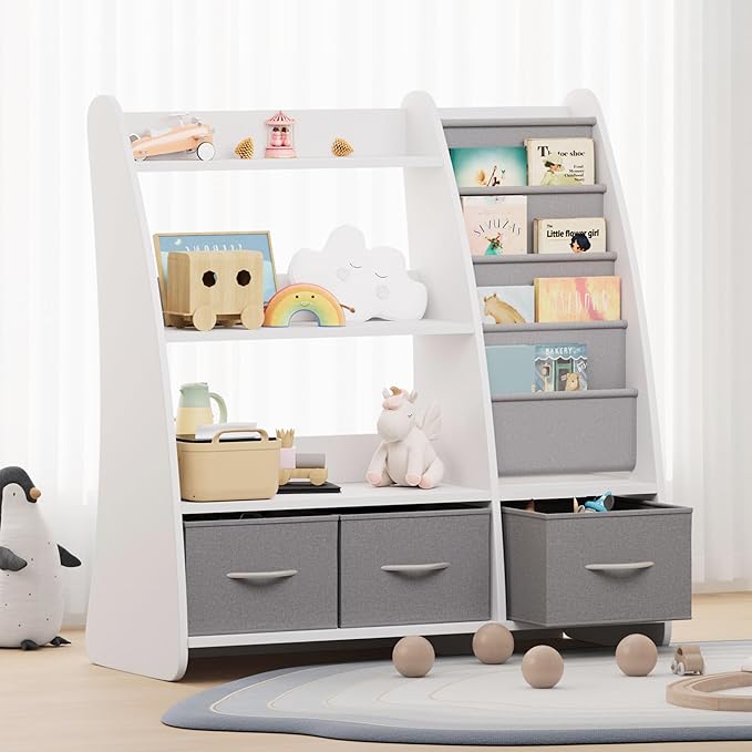 NACHES Kids Bookshelf and Toy Storage Organizer, Montessori Nursery Book Shelves with Sling Rack & Fabric Toy Bins, Toddler Baby Bookcase, Wooden Toy Shelf for Kids Room, Playroom, Sail-White