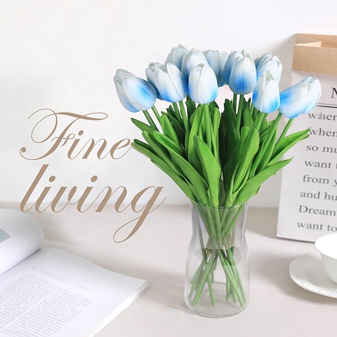 20 Pcs 13” Real Touch Light-Blue Tulips Artificial Flowers, Latex PU Fake Faux Flowers, for Wedding Bouquet Home Decor