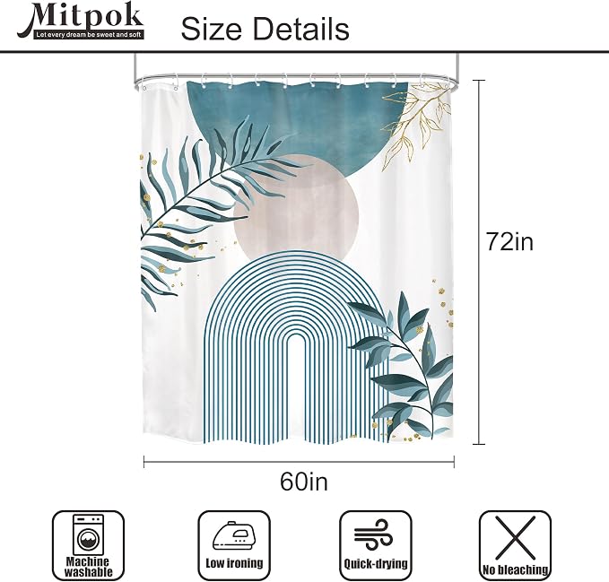 Green Boho Shower Curtain 60Wx72H Modern Abstract Bohemian Leaves Mid Century Minimalist Plant Bathroom Decor Arch Neutral Bath Curtain Fabric Polyester 12 Pack Hooks