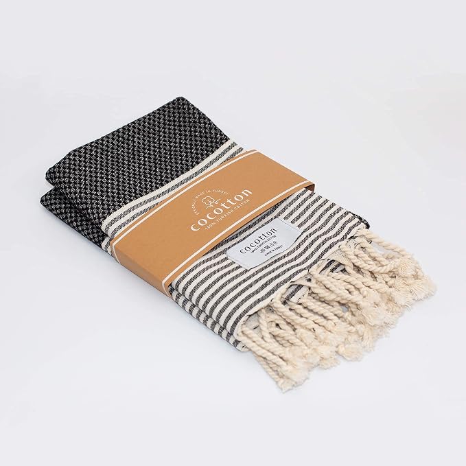 Boho Striped Turkish Hand Towels Set of 2 | 100% Cotton, 16 x 40 Inches | Decorative Bathroom Hair Face Gym Yoga Dishcloth Tea Kitchen Light Weight Quick Dry Farmhouse Towel (Black)