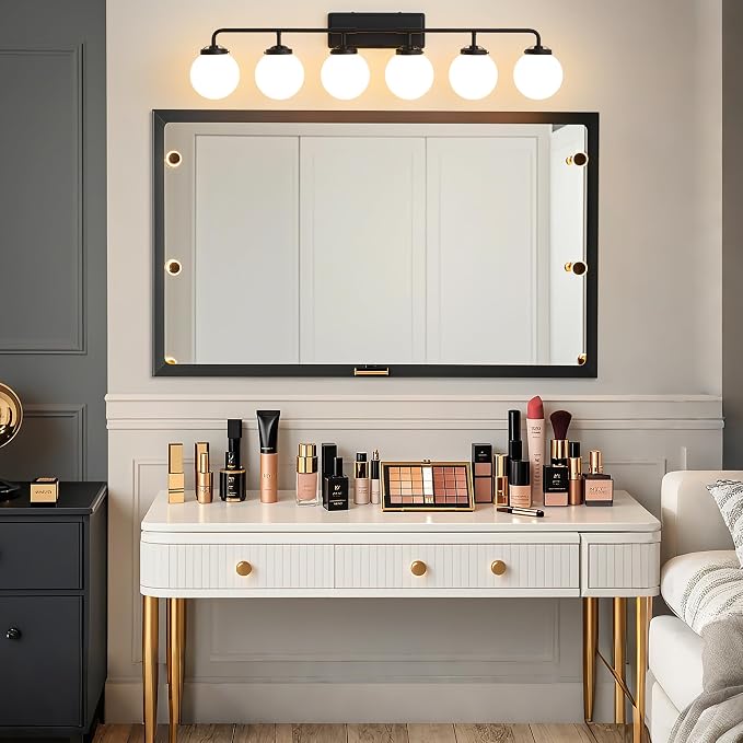 Bathroom Light Fixtures Over Mirror, 6-Light Matte Black Vanity Lighting with Milk White Glass Globe Shades Modern Wall Sconce