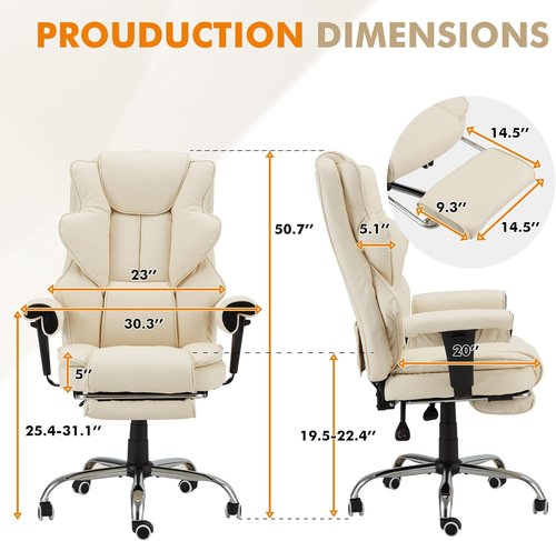 HOMREST Executive Massage Chair - Ergonomic Heat & Reclining Office Chair with Footrest | Off White