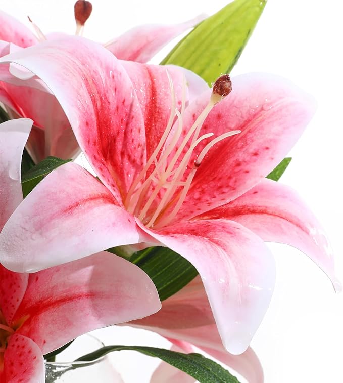 Artificial Tiger Lily Arrangement in Glass Vase, Real Touch Silk Flowers, FakeLilies with Faux Water