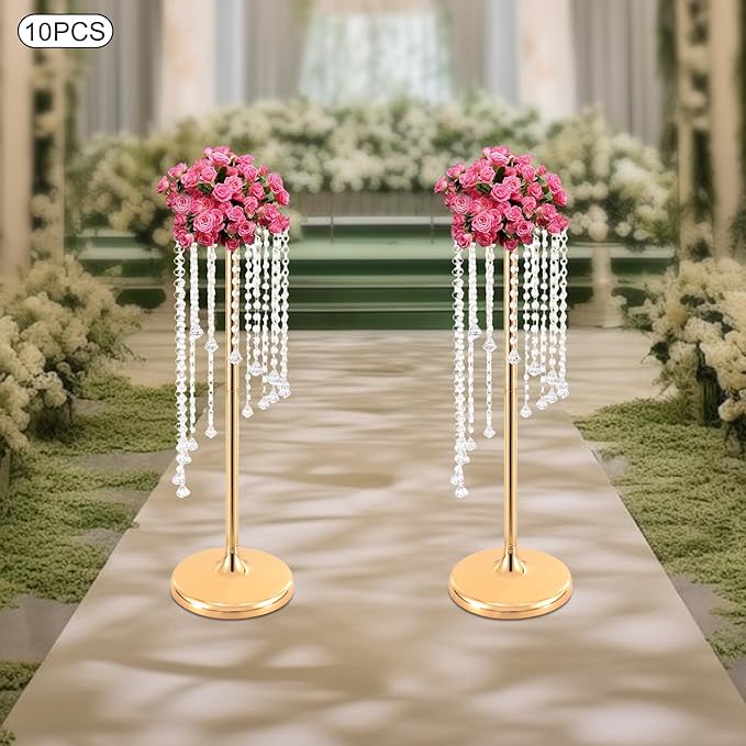 Bud Vases | Vase| 10PCS Gold Crystal Flower Vases | 27.5" Height | Elegant Wedding Centerpieces | Sparkling Crystal Accents | for Wedding Aisle Decor, Wedding Reception, Event Centerpieces