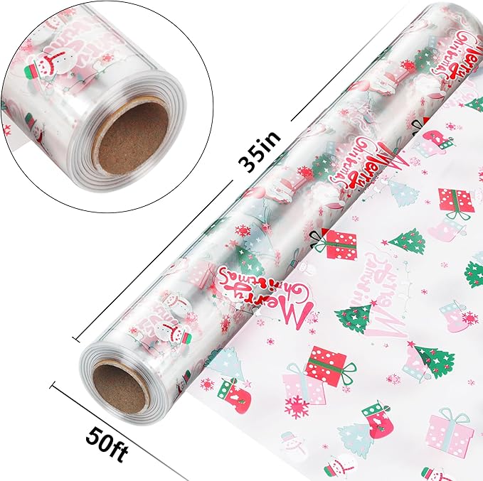 JOYIT 35 in x 50 ft Christmas Cellophane Wrap Roll - 3 Mil Thick Transparent Merry Christmas Cellophane Wrapping Paper, Colored Cellophane Wrap for Gift Flower Basket Decoration