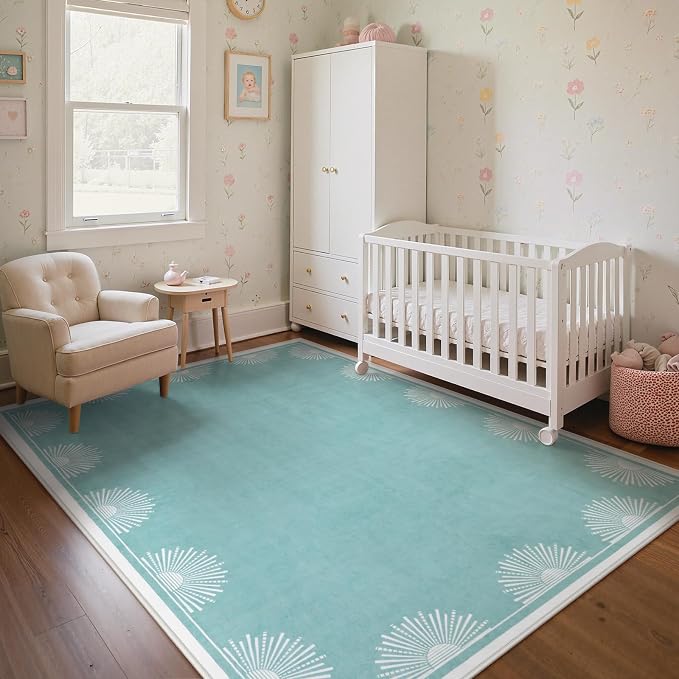 Hedlive Washable 5x7 Nursery Rug, Soft Low Pile Toddler Bedroom Area Rug, Aqua Sun Printed Carpets for Boys Girls Kids Baby Room Playroom Classroom Dorm Living(5'x7',Baby Blue)