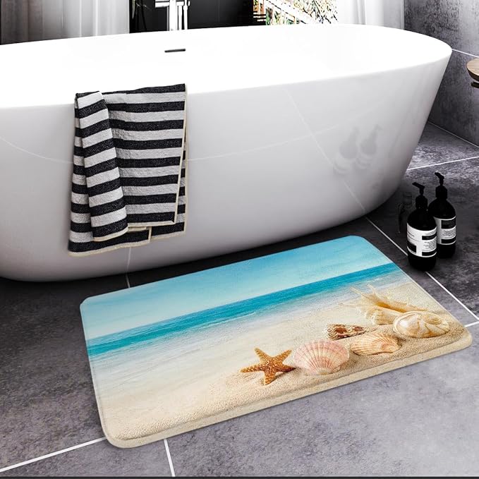 Britimes Bath Mat for Bathroom, Blue Beach Starfish Sea Washable Cover Floor Rug Carpets Floor Mat Bathroom Decorations 18x30 Inches for Kitchen Bedroom Indoor