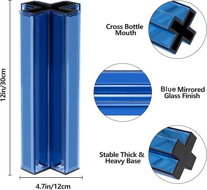 SHYFOY Blue Mirrored Vase - 12 Inch Tall Cross-Shaped Decorative Glass Flower Vases for Home Decor, Living Room Table Kitchen Fireplace Decor - Can’t Hold Water