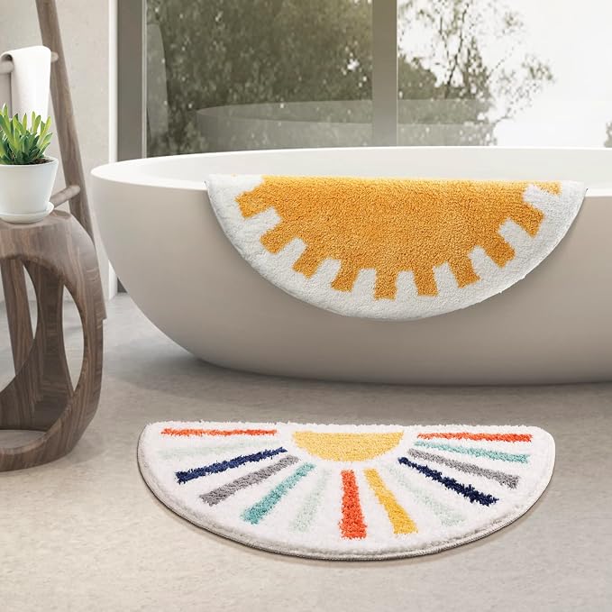 TRUEDAYS Colorful Boho Bath Mat Half Round Water Absorbent Non-Slip Bathroom Rugs, Machine Washable Soft Microfiber Sun Bath Rug for Bathroom, Shower, Room