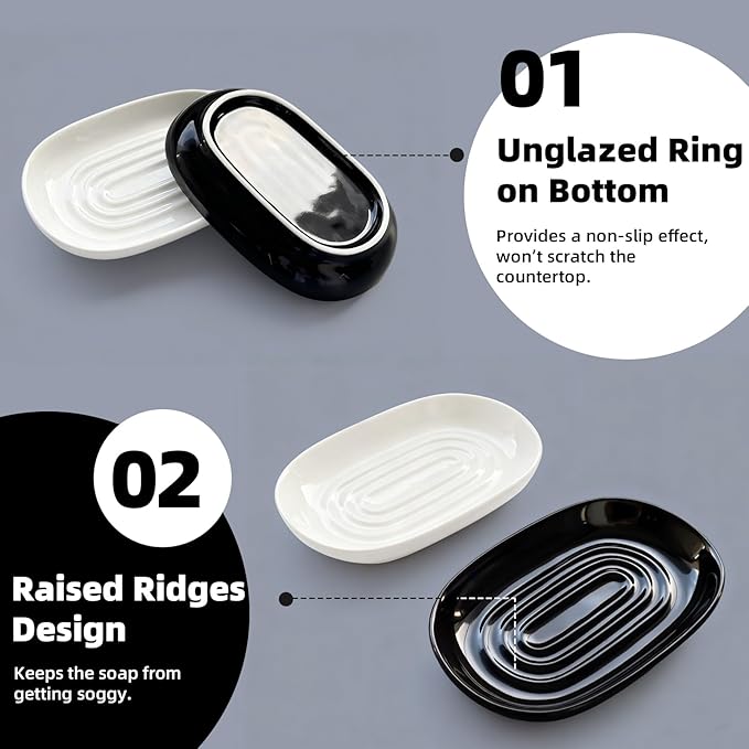 Ceramic Soap Dish for Bath Sink- Modern Black Bar Soap Holder for Shower - Easy to Clean Multi-Purpose Oval Soap Dishes for Soap Bar, Sponges, Jewelry, Small Items | Fits Bathroom & Kitchen