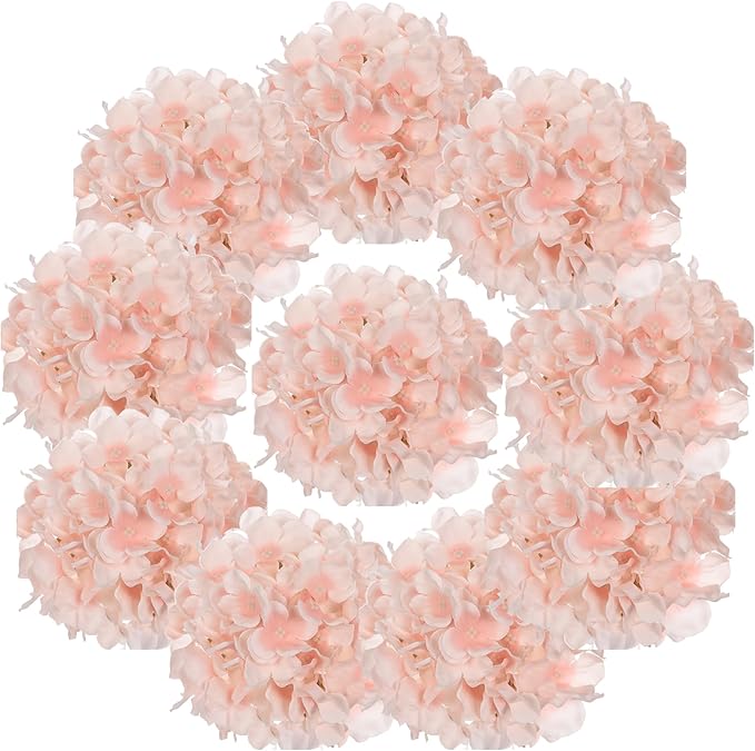 10PCS Artificial Hydrangea Flowers, Fake Hydrangea Silk Flowers Heads with Stems for Wedding Home Party Shop Baby Shower Decoration-Light Pink