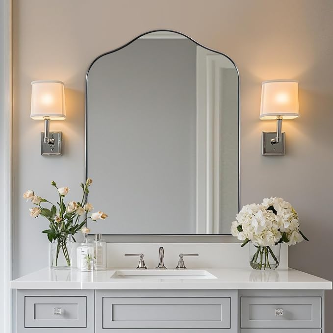 ANDY STAR Scalloped Arched Mirror, 30x40 Brushed Nickel Irregular Bathroom Mirror for Vanity, Asymmetrical Curved Top with Rustproof Stainless Steel Frame, for Entryway, Bedroom, Mantel, Fireplace