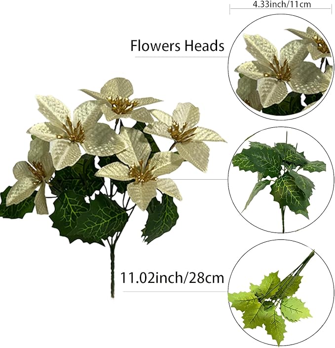 8 Pack 5 Heads Christmas Artificial Poinsettia Flowers Faux Poinsettia Bush Bouquets Silk Poinsettia Christmas Tree Ornaments Poinsettia Flower Arrangement for Home Decor