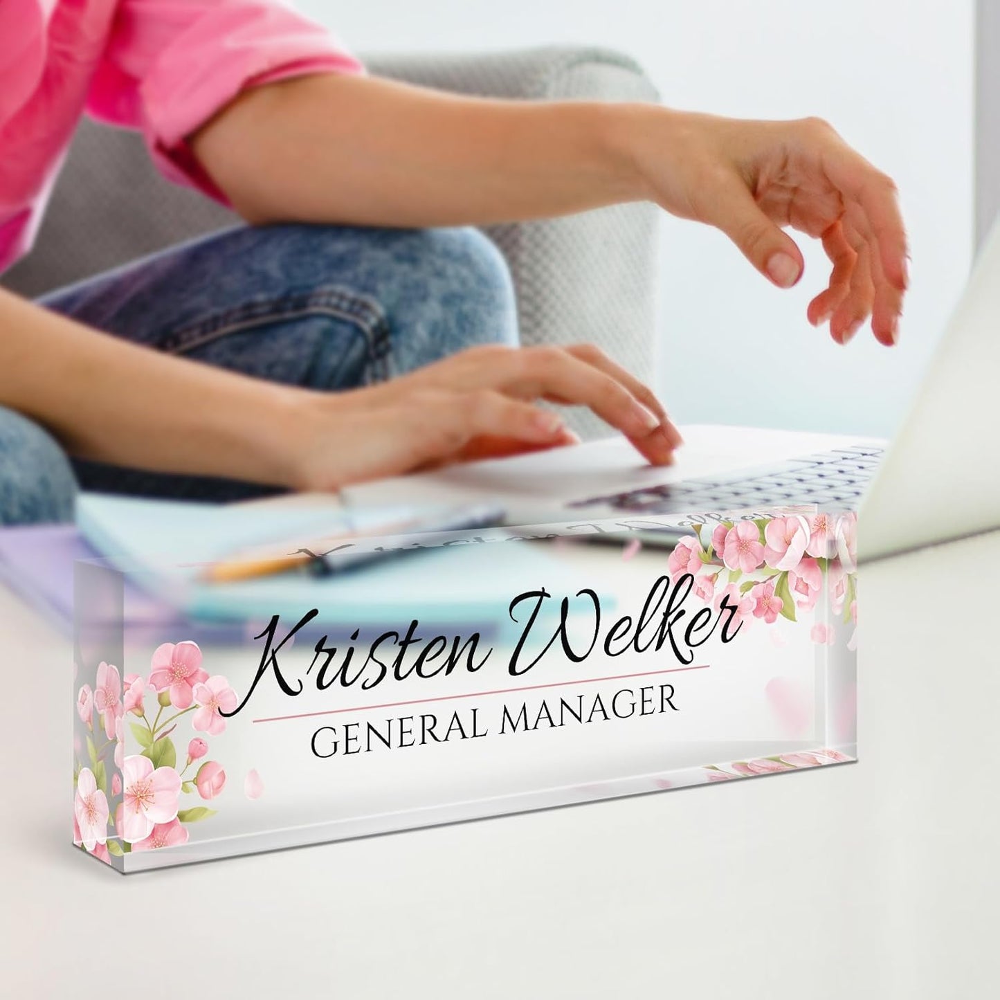 Skiennix Personalized Office Name Plate - Custom Acrylic Desk Sign for Employee Appreciation | Pink Flower Design