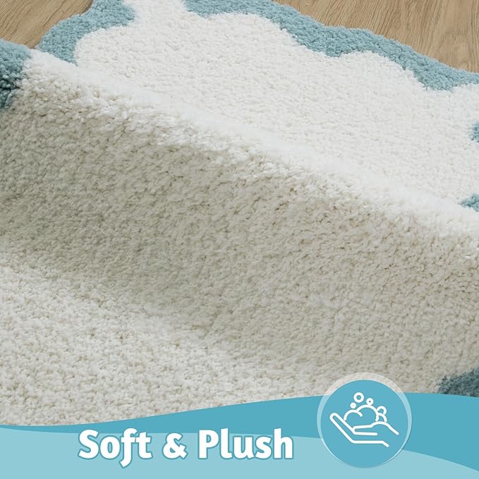 Uphome Bathroom Rug Runner, White Cute Long Bathroom Rug with Blue Irregular Shaped Absorbent Non Slip, 18x47 Machine Washable Soft Shaggy Microfiber Bath Mat for Floor, Tub, Shower