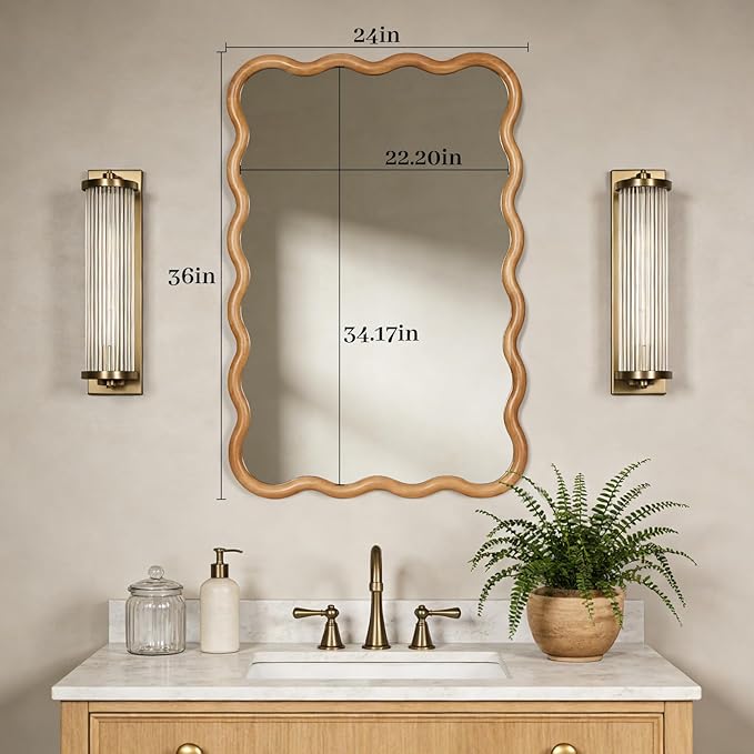 WallBeyond 24"x36" Wavy Wood Mirror, Natural Wood Boho Accent Wall Mirror with Wooden Frame, Decorative Wall Mounted Mirror for Horizontal or Vertical Hanging in Bathroom, Bedroom, Living Room
