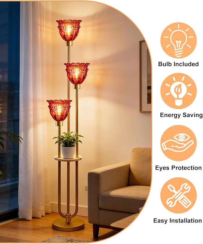 Lightdot Glass Floor Lamp with 5Lbs Heavy Base for Living Room Modern Gold Floor Lamp with Rose Red Glass Shade & 3000K Bulbs Included Tall Standing Lamp with Foot Switch for Sofa Beside/Corner Decor