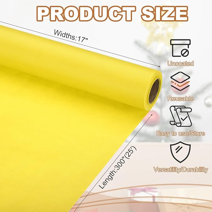 PATIKIL Wrapping Paper, 17" x 300"(25') 70 GSM Craft Paper Roll Kraft Packing Paper for Poster Bulletin Board, Gift Wrapping, Yellow