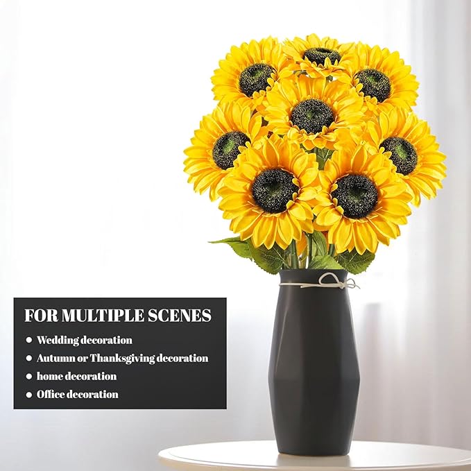 8 PCS 5.9" W x 24.8" H Large Sunflowers Artificial Flowers with Long Stems Silk Fake Big Sunflowers Bouquet Faux Sunflower Arrangement for Home Vase Table Wedding Garden DIY Fall Decor